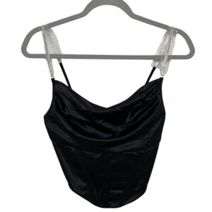 Black Forever 21 Women's Satin Rhinestone Strap Corset Top